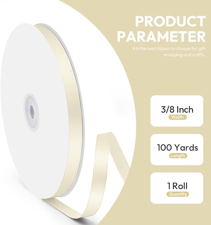 3/8" x 100 Yards Satin Ribbon - Ivory Silk Ribbon with Spool - Ideal for Gift Wrapping, Floral Bouquets, Crafts, Wedding Party Decorations, Christmas and Sewing Projects