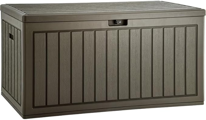 YITAHOME 90 Gallon Large Deck Box, Double-Wall Resin Outdoor Storage Boxes, Deck Storage for Patio Furniture, Cushions, Pool Float, Garden Tools, Lockable & Waterproof (Light Brown)