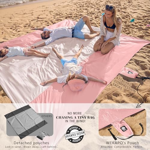 WEKAPO Beach Blanket Sandproof Waterproof, Extra Large Beach Mat, Oversized & Compact Sand Free, Quick Drying Beach Essentials for Vacation, Cruise, Picnic & Camping with Stakes - color: Pink, size: 9x10 FT (1～8 person)