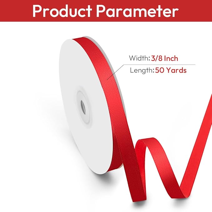 3/8" Width x 50 Yards Satin Fabric Ribbon, Red Ribbon Perfect for DIY Bows, Gift Wrapping, Craft, Flower Bouquet, Christmas and Party Decoration