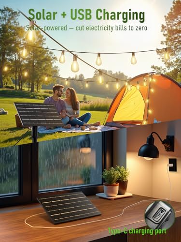 luckystyle 100FT Solar String Lights Outdoor Waterproof 2200K with Remote & USB Charging, 36+2 LED Shatterproof Bulbs, Dimmable & Timable, 3 Light Modes, Long Last for Garden,Patio, Backyard, Camping