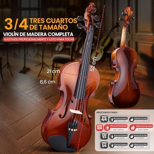 Pyle 3/4 Size Beginner Violin Starter Kit, Violin Starter Package with Travel Case & Bow, Extra Strings, Digital Tuner, Shoulder Rest & Cleaning Cloth for Students, Kids, Adults