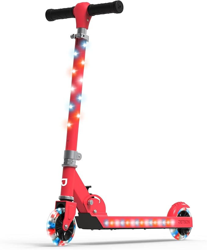 Jetson Jupiter Kids 2-Wheel Light-Up Kick Scooter, LED Lights on Handlebar, Stem, Wheels & Deck, Adjustable Handlebar, Rear Brake, Easy-Folding Mechanism, Ages 5+