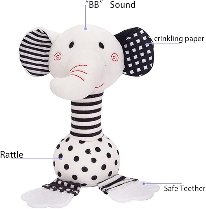 D-KINGCHY Baby Toys 0-12 Months, Black and White Newborn Toys, Soft Plush Rattle Stuffed Animal Toy with Teether and Sound, Developmental Hand Grip Toys (Elephant)