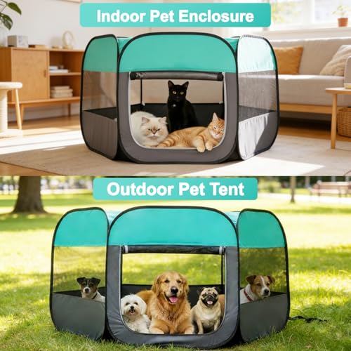 Dog Cat Playpen, Pet Playpen Indoor for Dog Crate Tent Cage Outdoor Foldable Dog Enclosure, Green Large - style: Large(43"L x 43"W x 24"H)