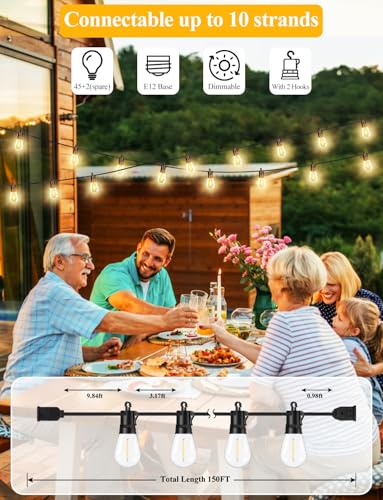 Brightever 150FT Outdoor String Lights, Patio Lights with 45+2 S14 Shatterproof E12 Base LED Bulbs, Outside Hanging Decorative Lights Waterproof for Porch, Balcony, Backyard, Bistro, 2700K Dimmable - size: 150ft