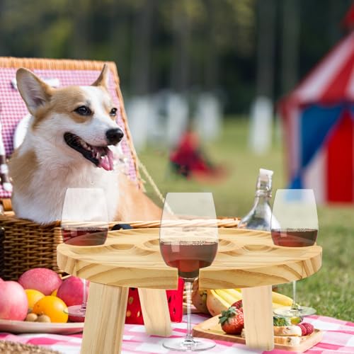 Wooden Outdoor Folding Wine Table with Glass Holder Portable Picnic Table for Beach Camping Patio Lawn