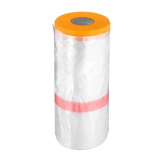 HARFINGTON Pre-Taped Masking Film 106.3" x65.6ft Double Adhesive Tape and Drape Painters Plastic Drop Cloth Film with Tape Plastic Sheeting for Automotive Painting Covering