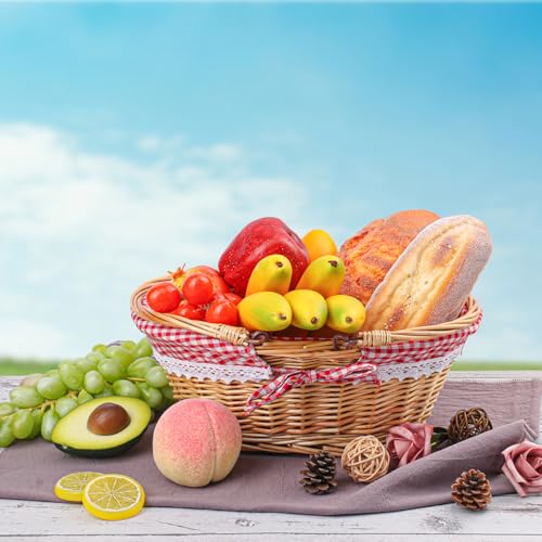 2 Pack 12.6 Inch Natural Wicker Basket with Checkered Lining, Oval Wicker Woven Basket with Handle, Willow Woven Picnic Baskets for Picnic, Camping, Party(Small) - size: 2 Pack 12.6in Natural(round Willow)