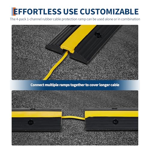 4 Pack of 1-Channel Rubber Cable Protector Ramps, Heavy Duty Floor Cord Cover with Yellow Warning Strips, 18000Lbs Load Capacity Outdoor Pipe and Cable Management, Driveway Protector for Ramps & Bumps