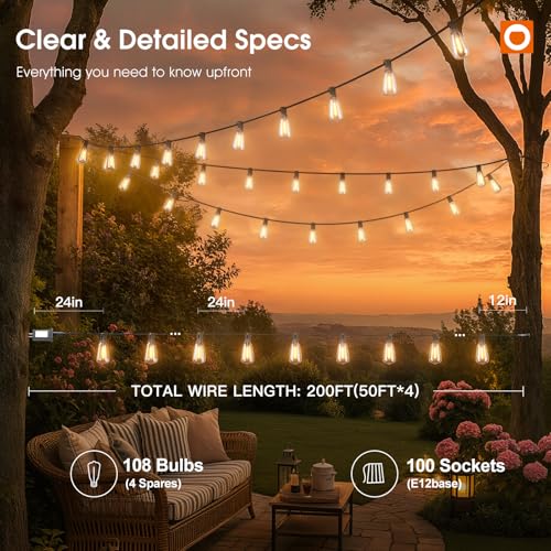 addlon 200FT(50FT*4) Outdoor String Lights with Remote,Waterproof Patio Lights with 108 Shatterproof Dimmable ST38 LED Bulbs Connectable Outdoor Lighting for Backyard Bistro Garden Bistro 2FT Spacing - size: 200FT(100 Sockets)
