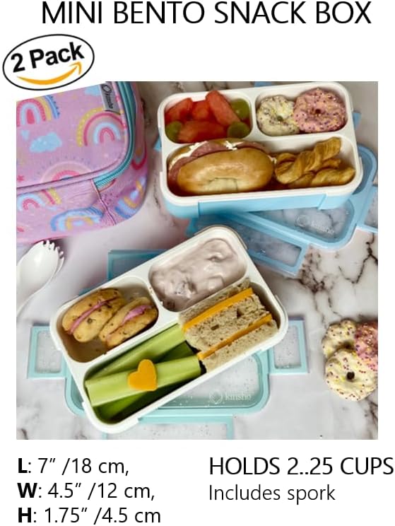 kinsho Glitter Bento Snack Containers with Lids, Mini Bento-box Lunch-Box for Toddler Daycare and Small Kids, Travel Meal Container, Leak-proof 2 pack Set, Pastel Blue + Teal Sparkle