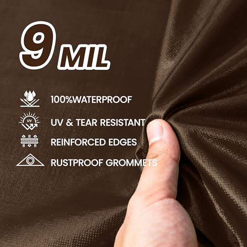 Heavy Duty Tarp 9 Mil Thick Multi-Purpose Waterproof Tarp Protect Your Tent, Flatbed, Firewood, or Roof - 12 x 16 Feet, Brown Sliver - color: 9mil Brown/Silver, size: 12x16 FT