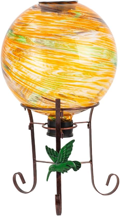 10" Diameter Solar Gazing Ball and 8.5" Metal Stand Indoor Outdoor Garden Ornament Glass Globe Sphere Yard Art Gazing Globe for Garden,Home,Lawn,Porch,Patio Birthday Gift for Women(Orange)