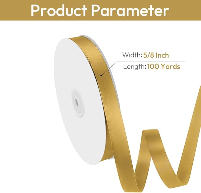 5/8" Width x 100 Yards Satin Ribbon, Gold Ribbon Perfect for DIY Craft, Bows, Gift Wrapping, Flower Bouquet, Valentine's Day, Christmas and Party Decoration