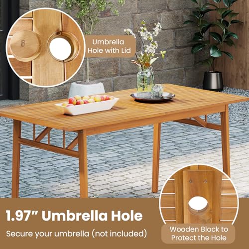 Tangkula 7 Pieces Patio Acacia Wood Dining Set, Outdoor Heavy Duty Rectangular Table with 1.97” Umbrella Hole and 6 Cushioned Chairs, for Deck, Garden and Backyard - size: 7 pieces