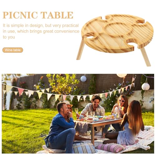 Wooden Outdoor Folding Wine Table with Glass Holder Portable Picnic Table for Beach Camping Patio Lawn