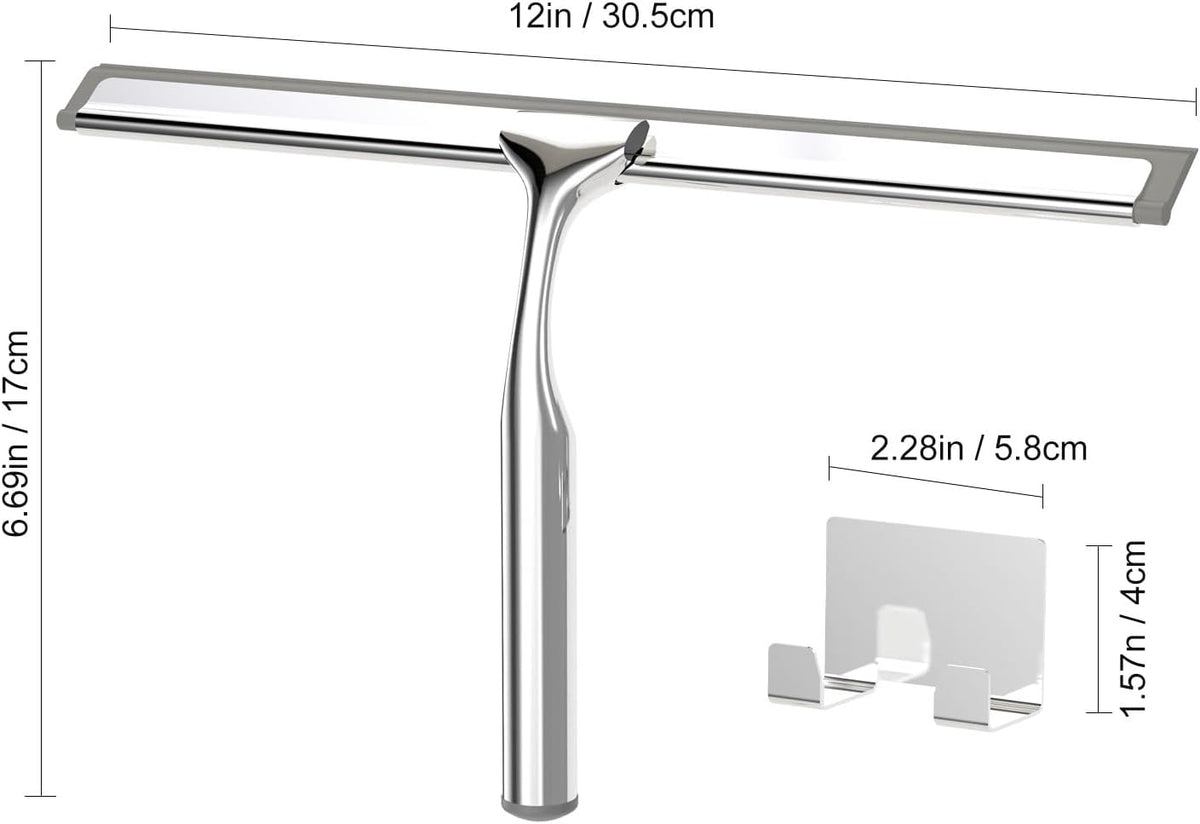 Shower Squeegee for Glass Doors, Squeegee for Shower Glass, Bathroom with Hook, Stainless Steel, 12-Inch Wide Blade for Efficient Cleaning, Perfect for Shower Glass,Tile Walls and Mirrors, Chrome