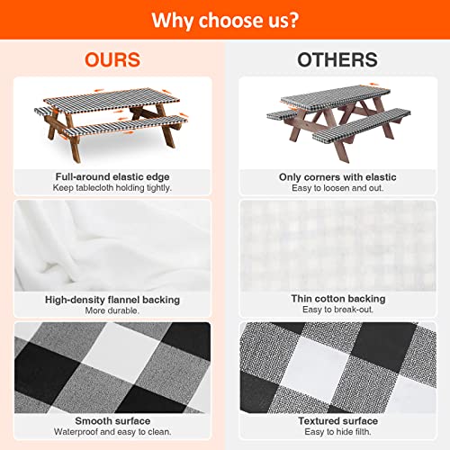 8ft Picnic Table and Bench Cover, Camping Essentials RV Gear, 96 in Waterproof Windproof Outdoor Elastic All Around Tablecloth, Fitted Rectangle Tables and Seats, Black-White Checkered - color: Black-white Checkered, size: 96"