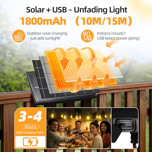 Solar Lights Outdoor Patio Lights: S14 15M 50FT Solar Powered Remote Control 3 Light Modes Dimmable Solar Waterproof Light - Shatterproof Bulbs - Camping Backyard Garden Deck Outside Yard - style: 50FT-Remote