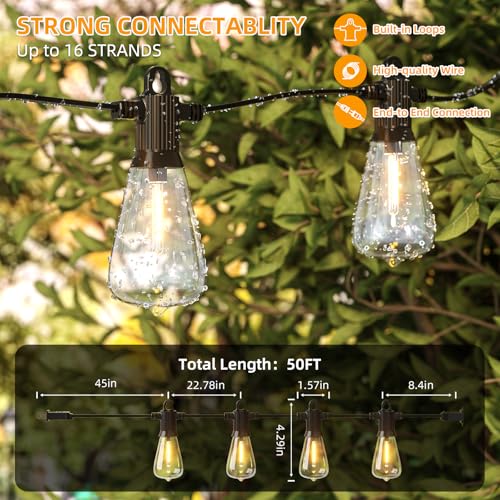 FOOMAN LED Outdoor String Lights, 50FT Outside Waterproof Patio Lights with 25+2 Shatterproof ST38 Edison Bulbs, 2700K Warm White Hanging Light, Dimmable Light for Backyard Garden Bistro Party - size: 50FT