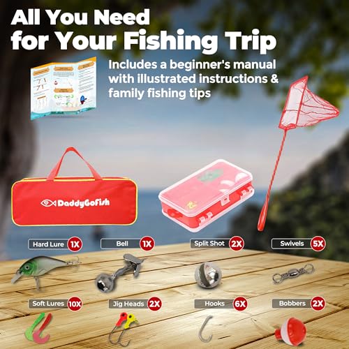 DaddyGoFish Kids Fishing Pole - Rod Reel Combo Tackle Box Starter Set - First Year Small Gear Kit for Boys Girls Toddler Youth Age Beginner Little Children - color: Red (Essential Set), size: 5ft