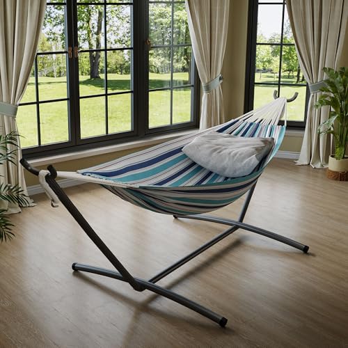 GarveeLife Double 2 Person Hammock, Indoor Outdoor Standing Hammock with Space Saving Steel Stand, Carry Bag, 450 LBS Weight Capacity, Suitable for Garden Camping Beach, Ocean - color: Ocean
