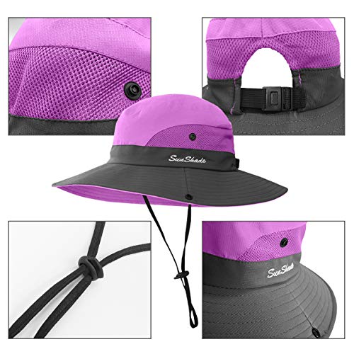 3 Pieces Womens Ponytail Wide Brim Sun Hat Packable UV Protection Beach Cap for Fishing & Hiking - color: Purple＆sky Blue＆gray