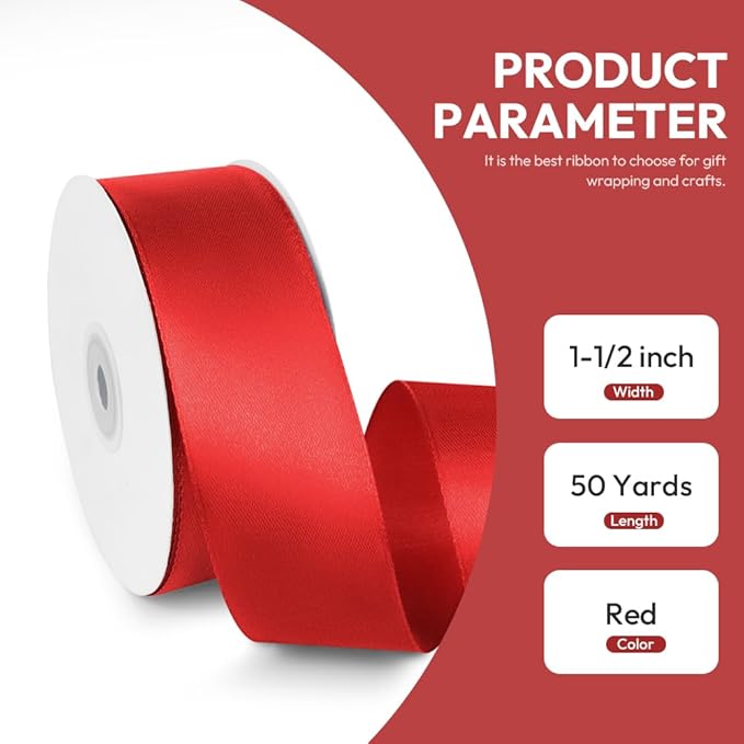 1-1/2" x 50 Yards Satin Ribbon - Red Silk Ribbon with Spool - Ideal for Gift Wrapping, Floral Bouquets, Crafts, Wedding Party Decorations, Christmas and Sewing Projects