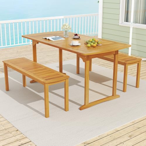 Tangkula 3 Piece Acacia Wood Patio Dining Table Set, 63" Large Patio Table & 2 Backless Benches w/Umbrella Hole, Farmhouse Indoor Outdoor Diner Furniture for Garden Poolside Deck Kitchen