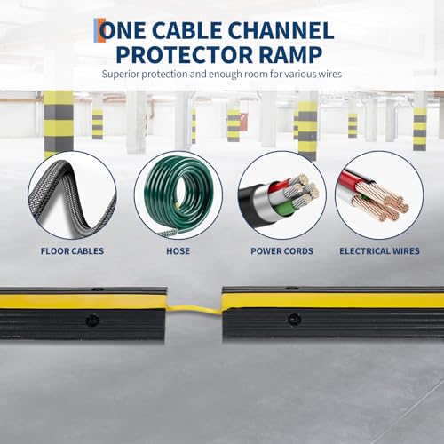4 Pack of 1-Channel Rubber Cable Protector Ramps, Heavy Duty Floor Cord Cover with Yellow Warning Strips, 18000Lbs Load Capacity Outdoor Pipe and Cable Management, Driveway Protector for Ramps & Bumps