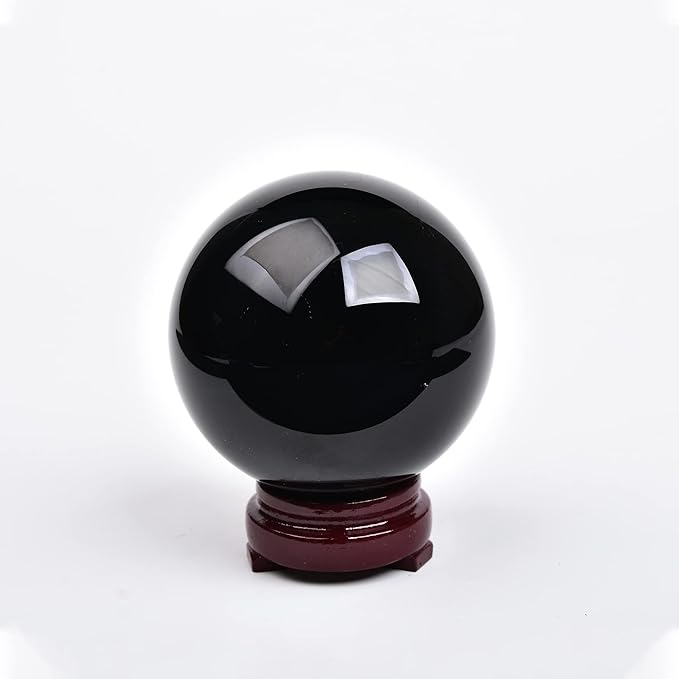 JIC Gem Small Black Obsidian Sphere Crystal Ball with Wooden Stand for Fengshui Healing Meditation Decoration (60-70mm)
