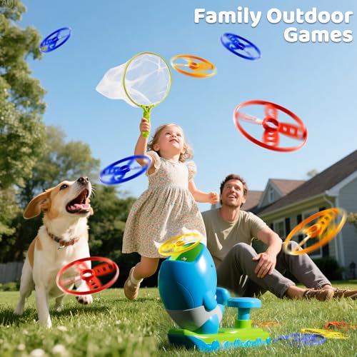 Flying Disc Launcher Outdoor Toys with 1 Whale Launcher, 24 Flying Discs, 2 Butterfly Nets and 2 Protective Glasses, Outside Toys for Kids Ages 3-5 6-8 Boys Girls Chasing Catching Games Birthday Gifts