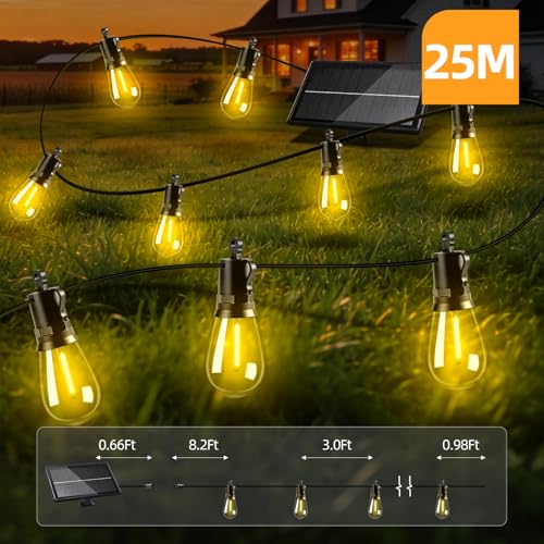 Solar Lights Outdoor Patio Lights: S14 25M 82FT Solar Powered Remote Control 3 Light Modes Dimmable Solar Waterproof Light - Shatterproof Bulbs - Camping Backyard Garden Deck Outside Yard - style: 82FT-Remote