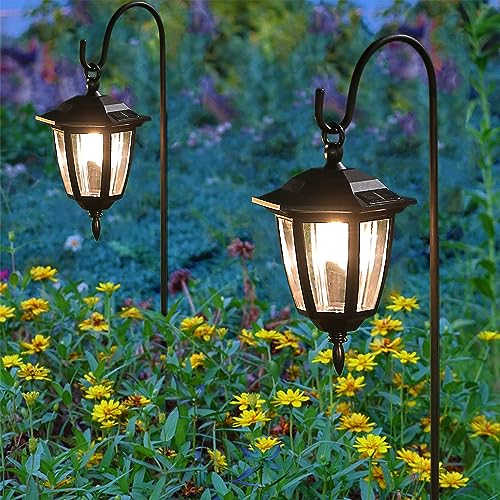Dynaming 6 Pack Solar Hanging Lights Outdoor, Solar Powered Garden Decorative Lanterns with 6 x 38 Inch Shepherd Hooks, Waterproof Landscape Lighting for Lawn Patio Yard Pathway Driveway, Warm White - size: 6 Pack