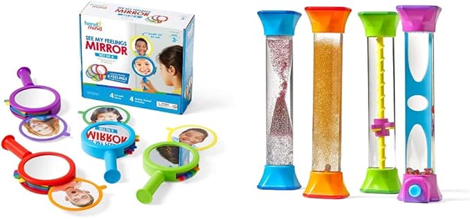 hand2mind See My Feelings Mirror (Set of 4) and Sensory Fidget Tubes (Set of 4) | Calming and Anxiety Relief Toys for Kids