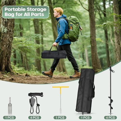 Tinnmao 4-Pack 17.7" Tent Stakes Heavy Duty, with 8" Ratchet Tie Down Straps (1/8" φ) Kit for High Wind, 8mm Solid Steel Spiral Ground Anchors Screw in for Tarp | Canopy | Sand Beach Camping Tent - size: 4 Pack