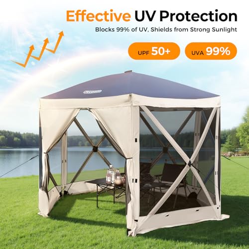 Tecoom 6 Side Pop Up Gazebo Tent, 10x10ft Waterproof Instant Screen with Mosquito Netting, Portable Outdoor Canopy with 4 Removable Wind Cloths, Sun Shelter for Camping, Garden and Picnics, Khaki - size: 10x10ft