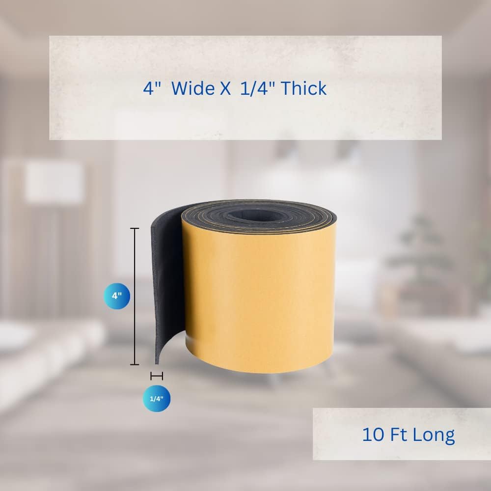 High Density Foam Weather Stripping Door Seal Strip Insulation Tape Roll for Insulating Door Frame, Window, Air Conditioner | Self Adhesive Sealing Weatherstrip (4 in x 1/4 in x 10 Ft, Black)