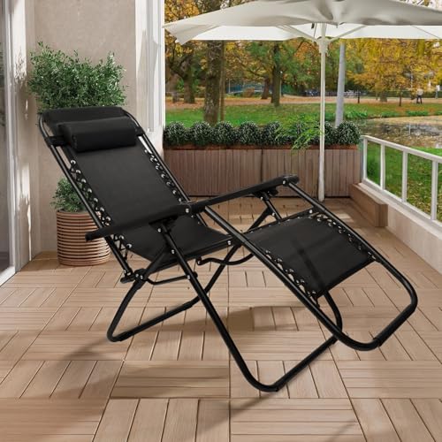SZHLUX Set of 2 Adjustable Steel Mesh Zero Gravity Lounge Chair Recliners w/Pillows and Cup Holder Trays