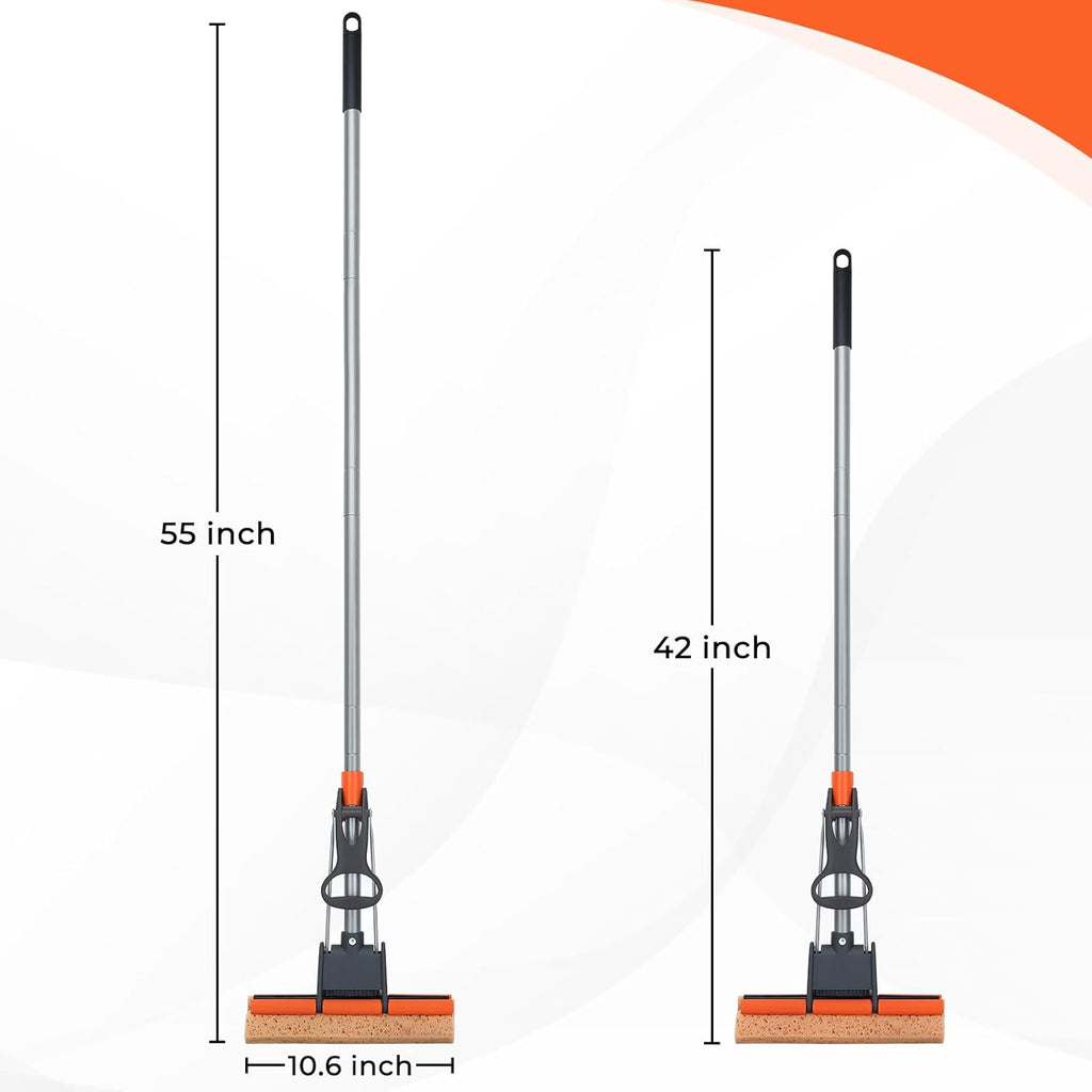 Sponge Mops for Floor Cleaning with 2 Cellulose Mop Head Refills and 55” Long Handle, Heavy Duty Roller Mop, Easy Self Squeeze for Hard Wood Tile Concrete Bathroom or Kitchen Floor Wall Ceiling