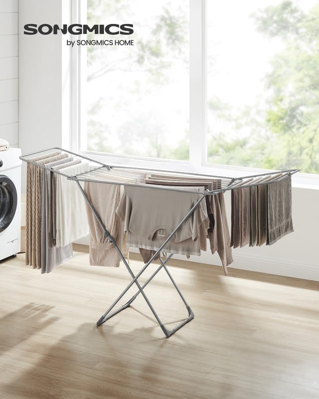 SONGMICS Clothes Drying Rack, Metal Laundry Drying Rack, Foldable, Space-Saving, Free-Standing Airer, with 2 Gullwings, Indoor Outdoor Use, Bed Linen Clothing, Gray ULLR540G01