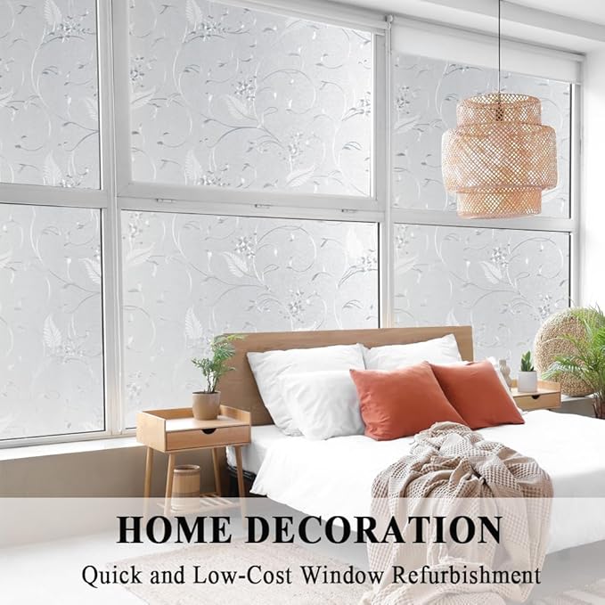 Mikomer Privacy Window Film Etched Flowers Static Cling Glass Door Film, Non Adhesive Heat Control Anti UV Window Cling for Office and Home Decoration,11.8 inches by 78.7 inches