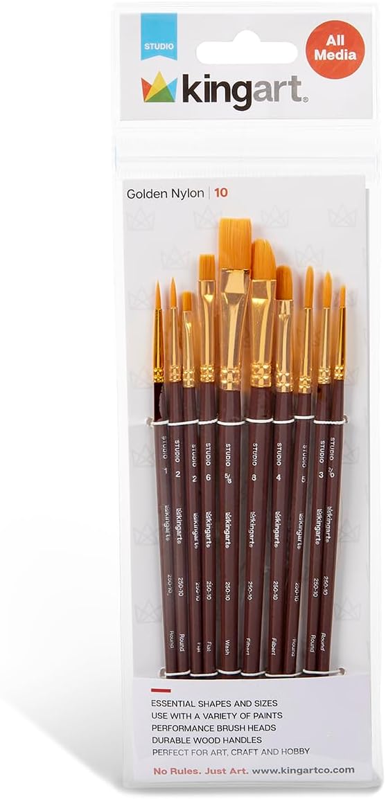 KINGART 10-Piece Paint Brushes, Acrylic Painting Brush Set, Watercolor Brushes, Acrylic Brushes for Oil Watercolor, Nail Miniature Detailing, and Rock Painting