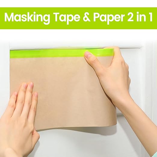 ADHES Pre-Taped Masking Paper for Painting, 3 Rolls 12 Inch x 50 Feet Tape and Drape Painters Paper Roll with Masking Tape, Automotive Paint Masking Paper for Cars, Walls, Floors, Furniture Protection