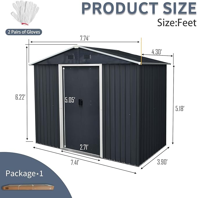 4x8 FT Outdoor Storage Shed, Metal Garden Shed with Frame Floor, Outside Tool Shed with Lockable Sliding Doors, Waterproof Storage Building with Sloped Roof for Backyard, Patio, Lawn, Black