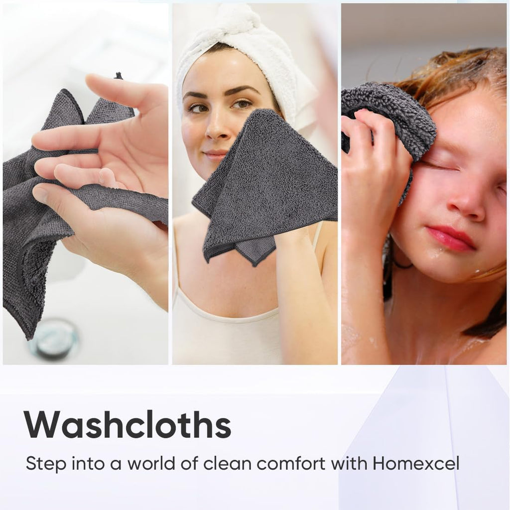 HOMEXCEL Microfiber Washcloths 24 Pack, Highly Absorbent and Soft Face Towel, Multi-Purpose Grey Wash Cloths for Bathroom, Hotel, Spa, Gym, and Kitchen, 12x12 Inch