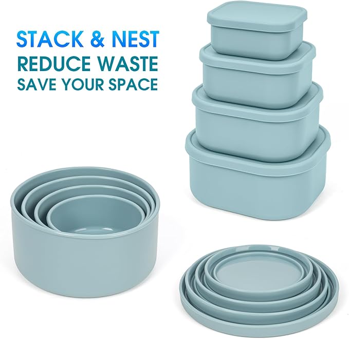 100% Silicone Food Storage Containers with Lids, 8 Pack, 10oz to 51oz, Reusable Leakproof Nesting & Stackable Silicone Bento Lunch Box, Microwave Freezer Dishwasher Oven Safe, BPA Free, Slate Green