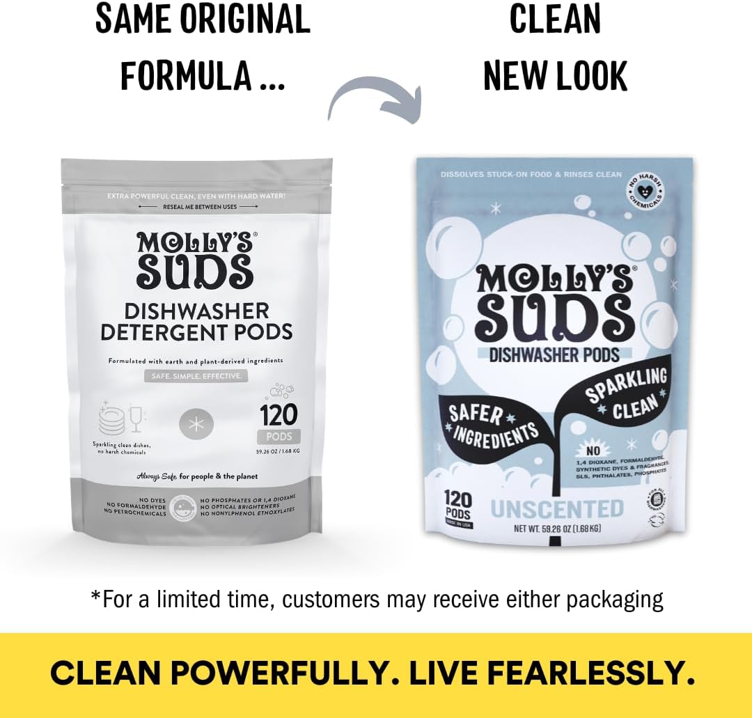 Molly's Suds Dishwasher Pods | Clean Dishwasher Detergent, Cuts Grease & Rinses Clean (Residue-Free) for Sparkling Dishes | 120 Auto-Release Tabs (Unscented)