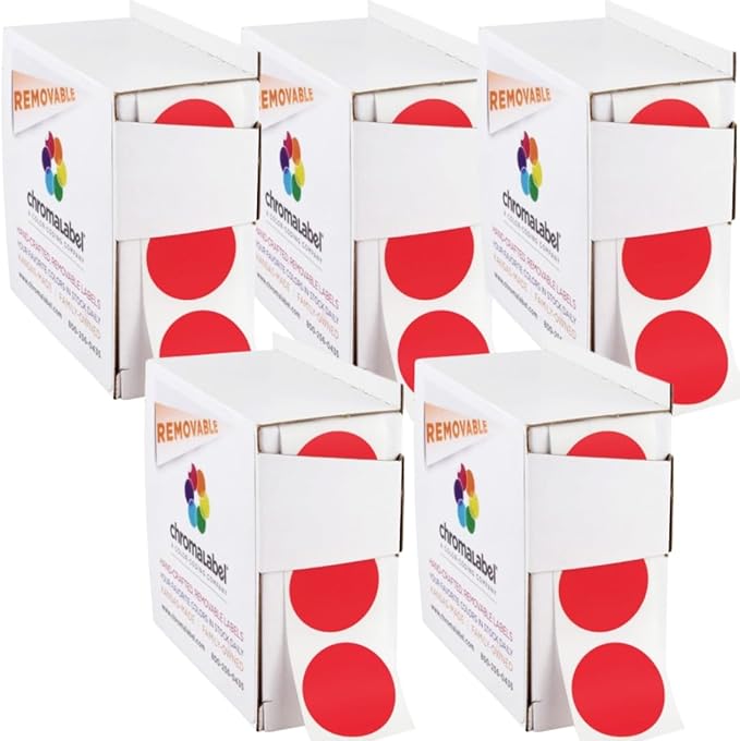 ChromaLabel 1 Inch Round Colored Stickers, Removable Sticky Dots Color Coding Labels - 1000 Red Stickers per Dispenser Box - Case of 5